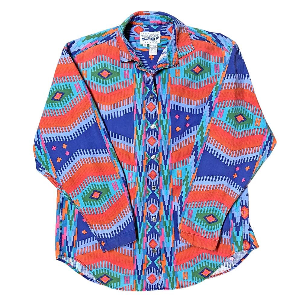 Vintage 80s Perry Ellis America Colorful Geometric Men's Button-Up Shirt, Size M